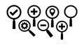 Magnifying Glass Icons with Various Symbols Including Check Gear Plus Minus and Location Vector Design for User Interface and Royalty Free Stock Photo