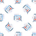 Magnifying glass inspecting computer code for bugs on monitor screen, seamless pattern Royalty Free Stock Photo