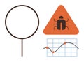 Magnifying Glass, Bug Warning Triangle, and Graph for Data Analysis and Error Detection Concept Royalty Free Stock Photo
