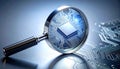 Magnifying Glass Inspecting a Glowing Computer Chip Royalty Free Stock Photo