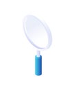 Magnifying glass isometric vector. Optical white enlargement text and small objects.