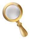 Magnifying glass with a large lens in a gold frame with a handle for detective