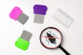 A magnifying glass and lice combs placed side by side on a clean white background Royalty Free Stock Photo