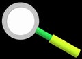 A magnifying glass with light grey rims bright luminous green sectioned handle black backdrop