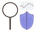 Magnifying Glass, Line Graph, and Cybersecurity Shield Representing Analysis and Data Protection Royalty Free Stock Photo