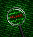 Magnifying glass locating malware in computer code Royalty Free Stock Photo