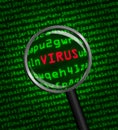 Magnifying glass locating a virus in computer code