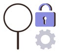 Magnifying Glass, Lock, and Gear Representing Security and System Optimization Royalty Free Stock Photo