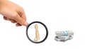 Magnifying glass is looking at a fake human figurine and a pile of money. Shader, unauthorized login and withdrawals. Royalty Free Stock Photo