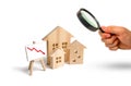 Magnifying glass is looking at the figures Wooden houses and red arrow down. The concept of falling prices and demand for real Royalty Free Stock Photo