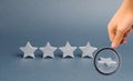 Magnifying glass is looking at five silver stars, one star fell. Loss of rating and level, reducing prestige and reputation