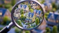 A magnifying glass looking at a miniature model of houses, AI Royalty Free Stock Photo