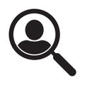 Magnifying glass looking for people icon, employee search symbol concept, headhunting, staff selection, vector illustration Royalty Free Stock Photo