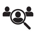 Magnifying glass looking for people icon, employee search symbol concept, headhunting, staff selection, vector illustration Royalty Free Stock Photo