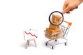 Magnifying glass is looking at the supermarket cart with boxes and a graph with red arrow down, merchandise. concept of buying Royalty Free Stock Photo