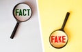 A magnifying glass looking to the words fact fake made with letter game blocks on a bright yellow background Royalty Free Stock Photo