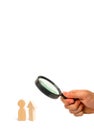 Magnifying glass is looking at a Wooden figure of people and the arrow up. Increase and growth, static data. Level up. Improving t