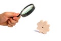 Magnifying glass is looking at the Wooden gear on a white background. The concept of technology and industry, the think process.