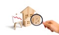 Magnifying glass is looking at the Wooden houses and red arrow down. The concept of falling prices and demand for real estate Royalty Free Stock Photo