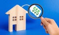A magnifying glass looks at a wooden house figure and price tag. Selling a house or auction. Realtor Services. Buying liquid