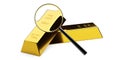 Magnifying glass or magnifier looking at gold ingot, bar or bullion over white background, savings or finance concept