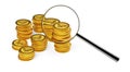 Magnifying glass or magnifier looking at stacks of gold coins over white background, savings or finance concept