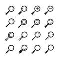 Magnifying glass, magnifier, zoom, search find loupe vector icons set