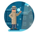 Magnifying glass mask spy detective cartoon character walk night city street background flat design vector illustration Royalty Free Stock Photo