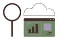 Magnifying Glass Examining Cloud Data on Green Dashboard with Graphs Royalty Free Stock Photo