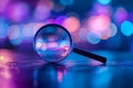 a magnifying glass on a nighttime background in blue and purple colors, in the style of data visualization, digital print,