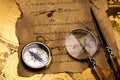 Magnifying glass and old map, colorful bright journey theme Royalty Free Stock Photo