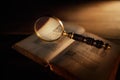 Magnifying glass with old open book Royalty Free Stock Photo