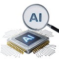Magnifying glass over ai chip symbolizing ai research and development Royalty Free Stock Photo