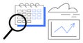 Magnifying Glass Over Calendar with Graph and Cloud Representing Analysis and Data Trends Royalty Free Stock Photo