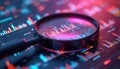 Magnifying glass over chart, representing data analysis SEO optimization. Graphs, diagrams, digital data visualization. Web Royalty Free Stock Photo