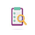 Magnifying glass over clipboard. Checklist icon and magnifier 3d illustration