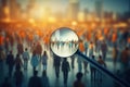 Magnifying glass over crowd of people in the city. 3D rendering, Magnifying glass over crowd of people. Business and teamwork
