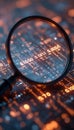 Magnifying glass over digital binary code