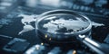 Magnifying glass over a digital map highlighting continents and countries with data visualization in a modern Royalty Free Stock Photo
