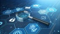 Magnifying glass over digital network with security and data icons technology Royalty Free Stock Photo