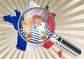 Magnifying glass over a France map. French man in red beret with a glass of wine