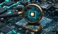 Magnifying glass over a glowing circuit board with integrated microchip. Modern electronics components visible Royalty Free Stock Photo