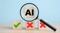 Magnifying Glass Over A I Text Block With Check and Cross Blocks artificial intelligence technology Royalty Free Stock Photo