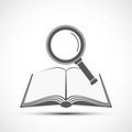 Magnifying glass over an open book. Bookstore icon