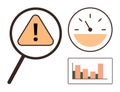 Risk assessment with magnifying glass, warning triangle, speedometer, and bar graph Royalty Free Stock Photo