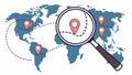 Magnifying glass over world map with gears, global analysis mechanism. Vector Design, Generative AI