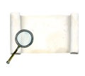 Magnifying glass and paper scroll for detective and researches designs watercolor illustration. Hand drawn magnifier
