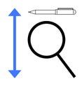 Magnifying Glass, Pen, and Vertical Arrow Representing Measurement, Search, and Analysis Royalty Free Stock Photo
