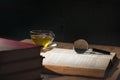 Magnifying glass on open old book Royalty Free Stock Photo