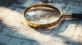 Magnifying glass placed on architectural blueprints with detailed technical drawings. Sunlight casts soft shadows Royalty Free Stock Photo